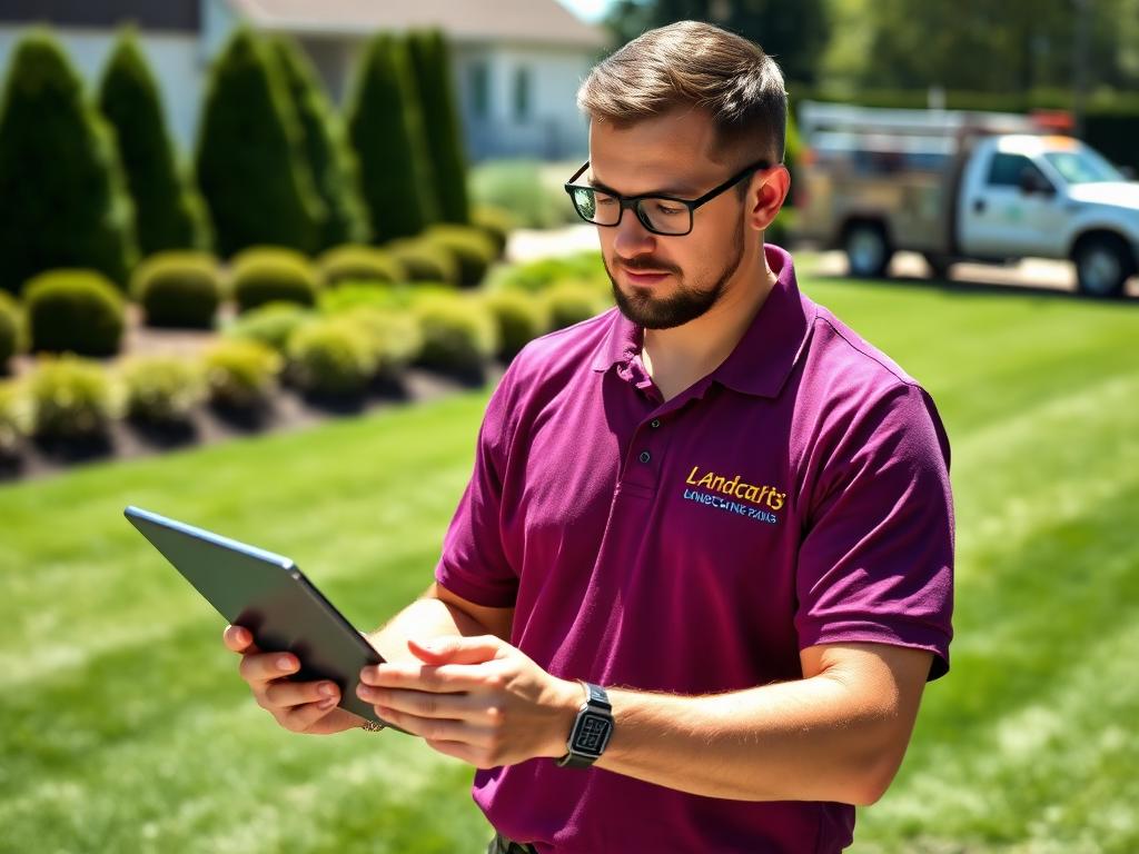 Landscaping supervisor logging employee hours on a tablet
