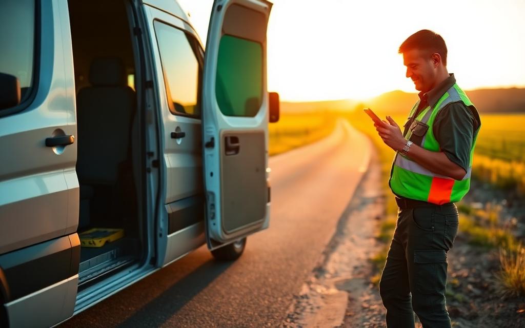 Field technician clocking in via mobile app next to work van