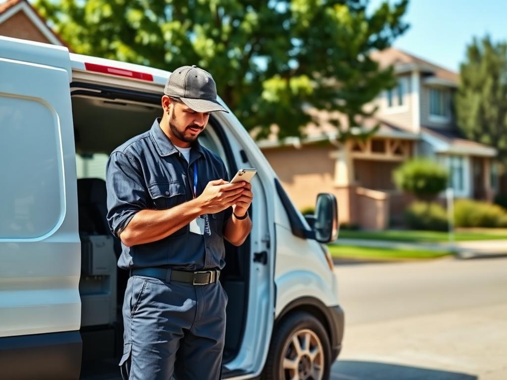 Field technician clocking in via mobile app next to work van