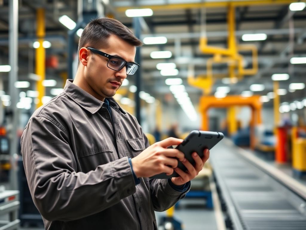 Manufacturing worker logging time on a tablet in a production facility